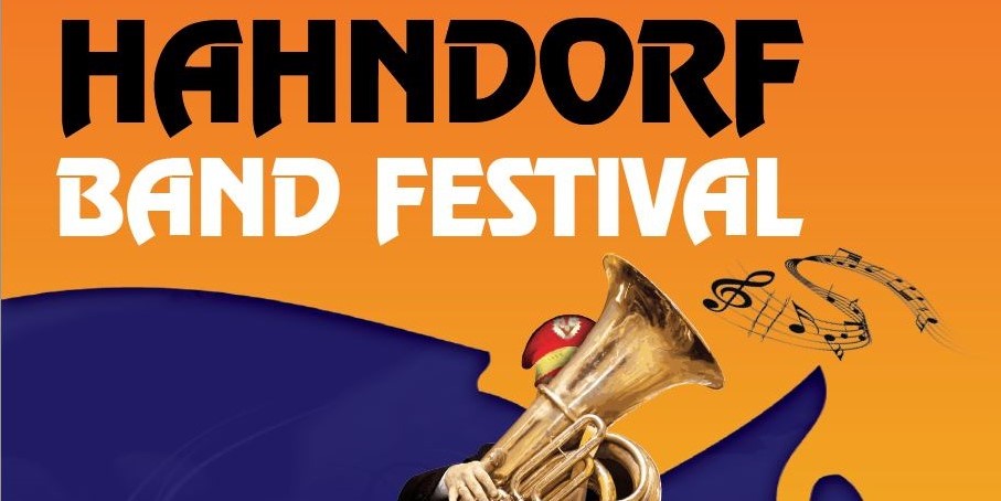banner for Hahndorf Band Festival event showing trumpet and musical notes
