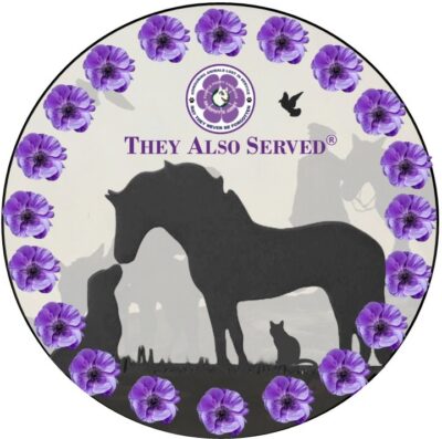 circular image of horse and dog surrounded by circle of purple poppies